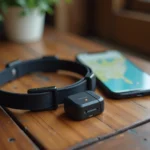 Collier GPS pour chien posé sur une table en bois avec application de suivi sur smartphone