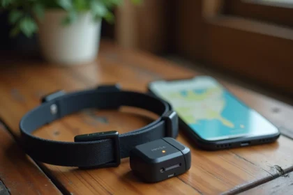 Collier GPS pour chien posé sur une table en bois avec application de suivi sur smartphone