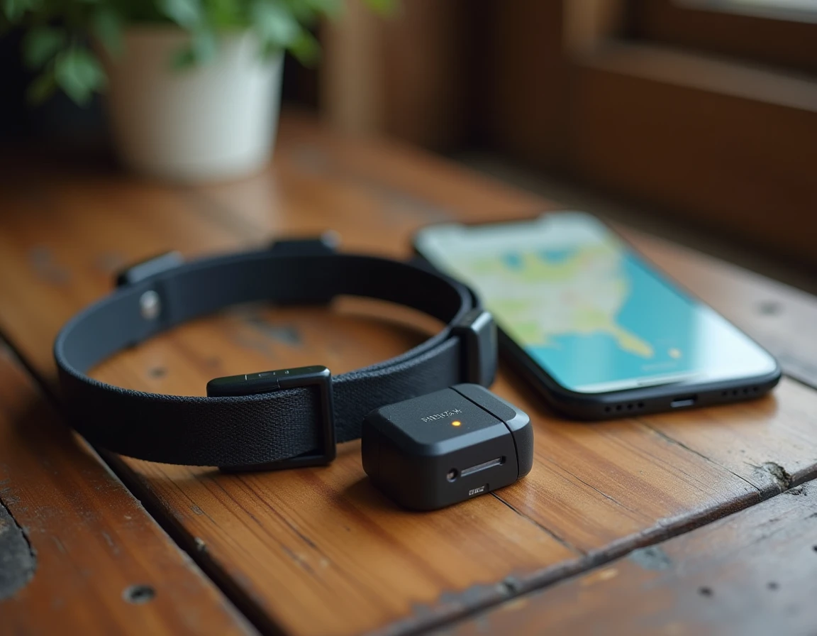 Collier GPS pour chien posé sur une table en bois avec application de suivi sur smartphone