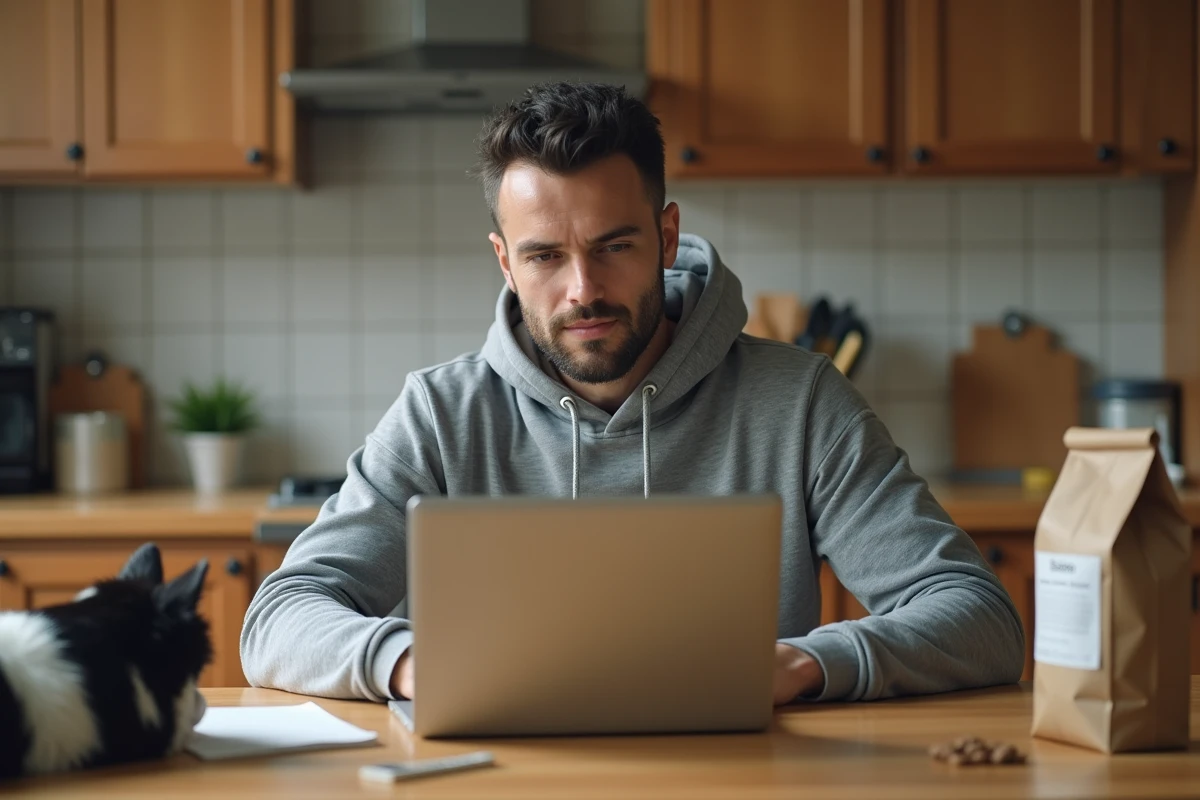 Homme qui commande des croquettes pour son chien en ligne depuis sa cuisine avec un ordinateur portable