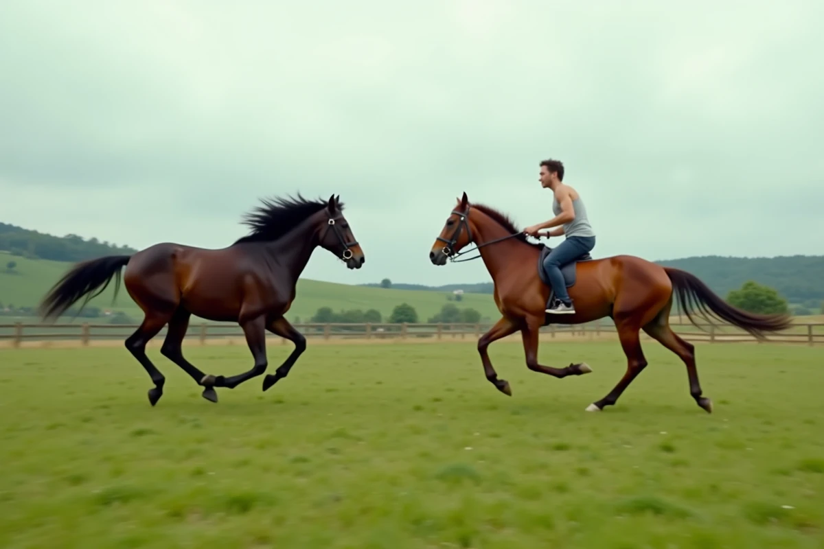 Comparaison côte à côte d'un cheval au galop et d'un sprinteur humain en pleine course dans un champ ouvert