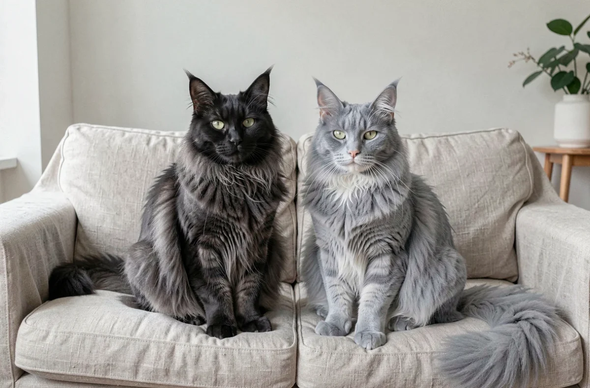 Comparaison côte à côte d'un Maine Coon black smoke et d'un Maine Coon blue smoke allongés sur un canapé en lin, illustrant les différences de teintes entre les robes smoke