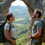 Couple souriant devant l'arche de Méo lors d'une randonnée