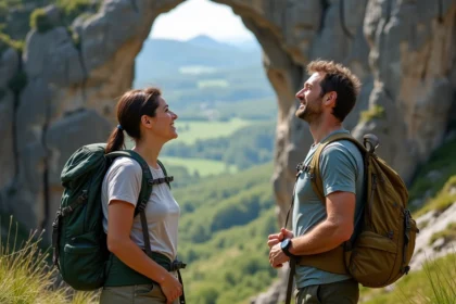 Couple souriant devant l'arche de Méo lors d'une randonnée