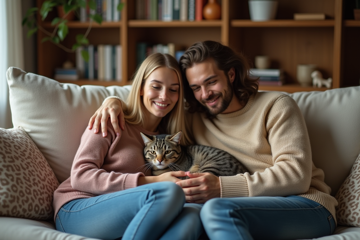 Jeune couple avec un chat dans un salon chaleureux