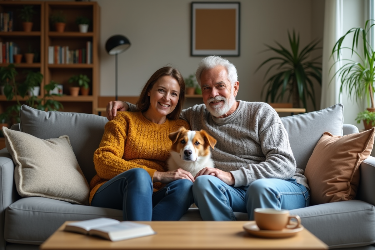 Couple avec leur chien dans un salon chaleureux
