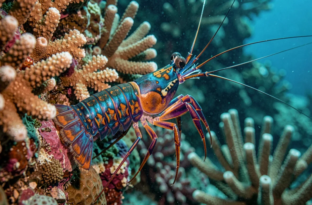 Crevette mante aux couleurs irisées spectrales accrochée à un récif corallien tropical, yeux composés mobiles en évidence sous l'eau