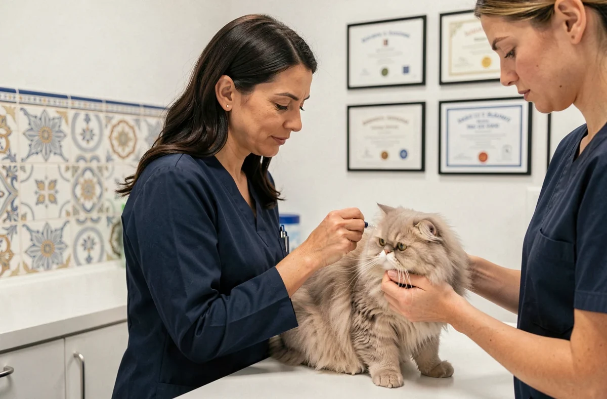 Cristina Escudero administre un vaccin à un chat persan dans son cabinet vétérinaire