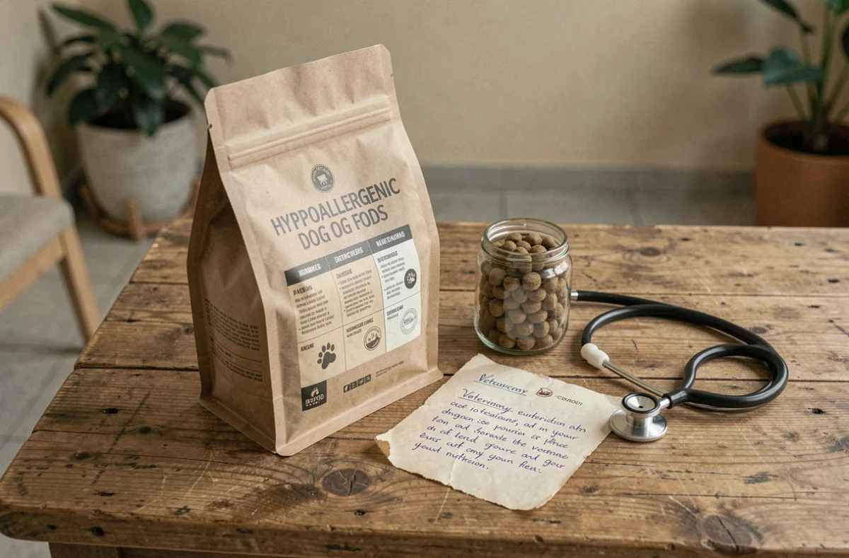 Sac de croquettes hypoallergéniques premium ouvert avec bocal en verre et fiche vétérinaire nutritionnelle sur table en bois rustique