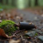 Crotte de renard sur un sentier forestier avec poils et fragments d'os visibles, posée sur une pierre moussue en forêt de feuillus