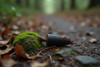 Crotte de renard sur un sentier forestier avec poils et fragments d'os visibles, posée sur une pierre moussue en forêt de feuillus
