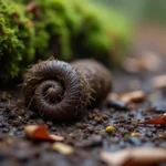 Crottes de blaireau sur un sentier forestier boueux entourées de feuilles mortes, montrant leur forme cylindrique torsadée caractéristique