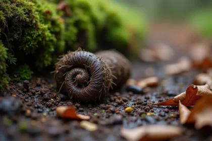Crottes de blaireau sur un sentier forestier boueux entourées de feuilles mortes, montrant leur forme cylindrique torsadée caractéristique