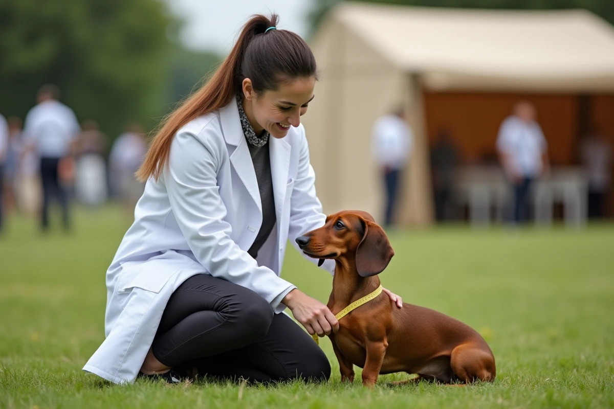 Cynologue mesurant le tour de poitrine d'un teckel lors d'un concours canin pour vérifier la conformité au standard de race
