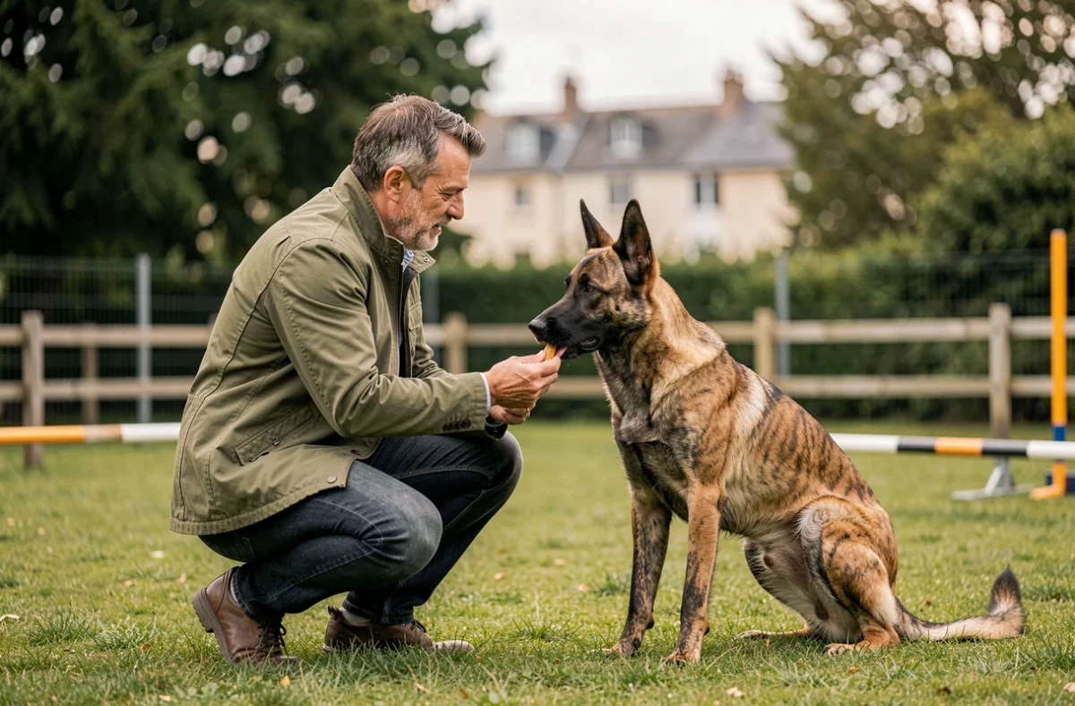 Éducateur canin de CynoVox en session de rééducation comportementale avec un Malinois belge dans un espace d'entraînement clôturé