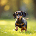 Miniature dapple dachshund jouant au parc ensoleille