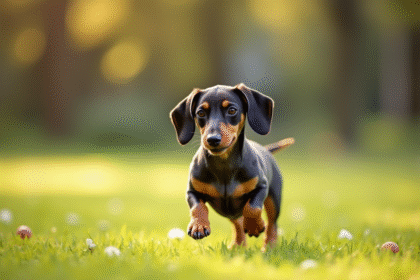 Miniature dapple dachshund jouant au parc ensoleille