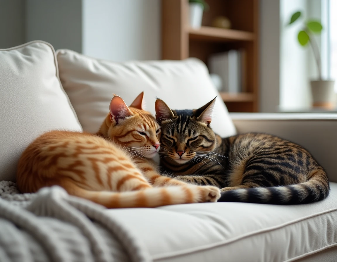 Deux chats Highlander aux robes différentes reposant ensemble sur un canapé en lin dans un intérieur moderne et épuré
