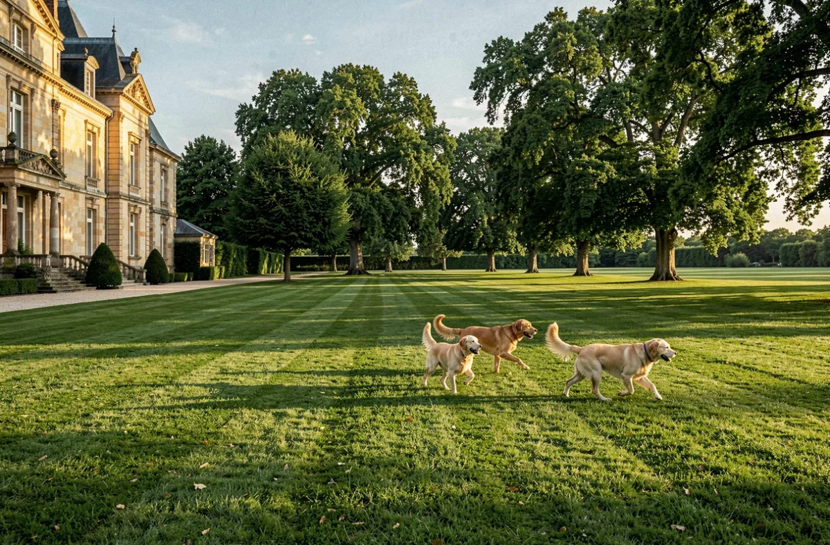 Le Domaine de Piroulet dans l'Ain, vaste propriété de pension canine avec manor en pierre et chiens en liberté