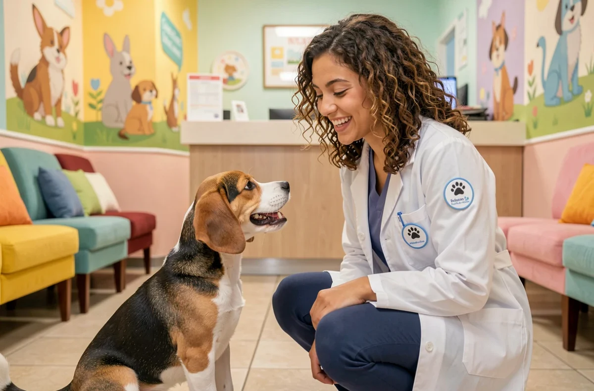 Une vétérinaire souriante accueille un chiot beagle dans la salle d'attente du Dr Milou