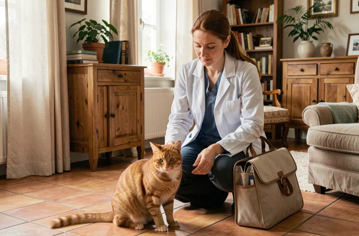 Vétérinaire à domicile examinant un chat roux au sol dans une maison en Maine-et-Loire pour le Dr Milou