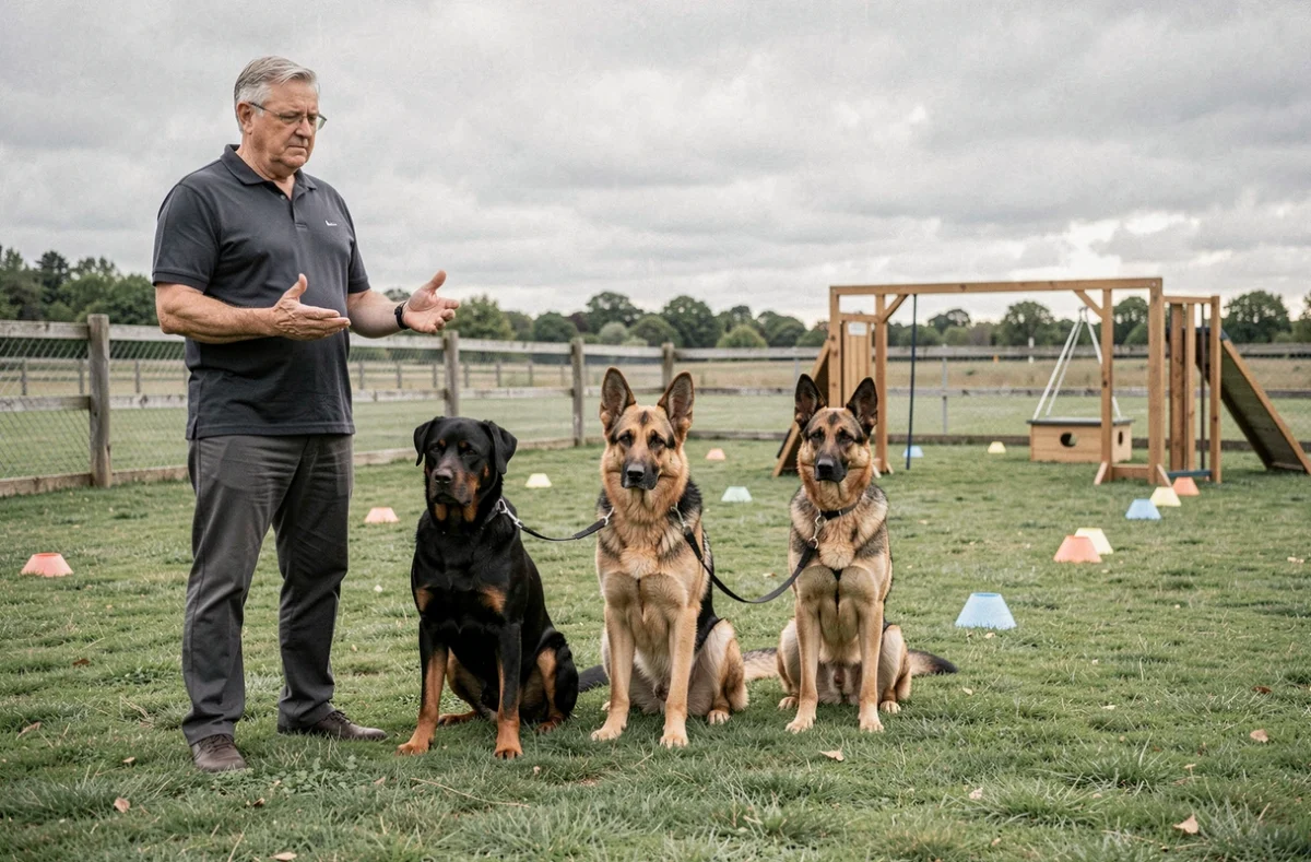 Séance collective de dressage avec des chiens à caractère dominant dont un Rottweiler en parc extérieur