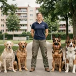 Dresseuse de chiens professionnelle entourée de plusieurs races de chiens dans un parc urbain de Seine-Saint-Denis