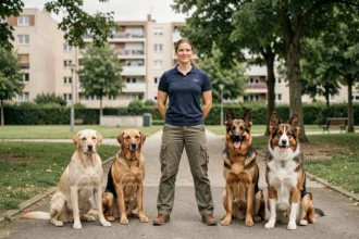 Dresseuse de chiens professionnelle entourée de plusieurs races de chiens dans un parc urbain de Seine-Saint-Denis