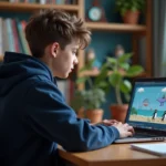 Élève adolescent travaillant sur un exercice Pix de type image avec motif manchot sur un ordinateur portable dans sa chambre