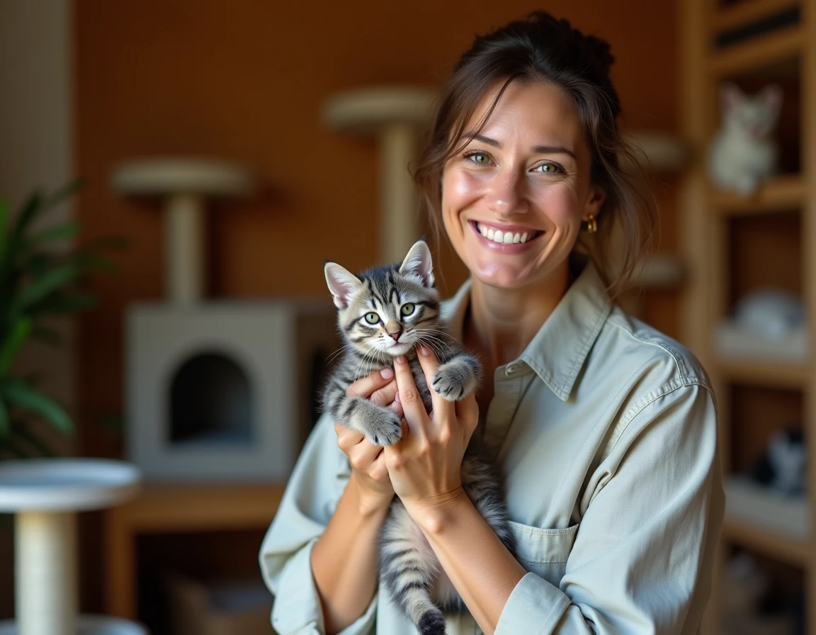 Éleveuse tenant un chaton Korat dans un élevage professionnel, illustrant l'importance de choisir un éleveur sérieux pour maîtriser le prix d'un chat Korat