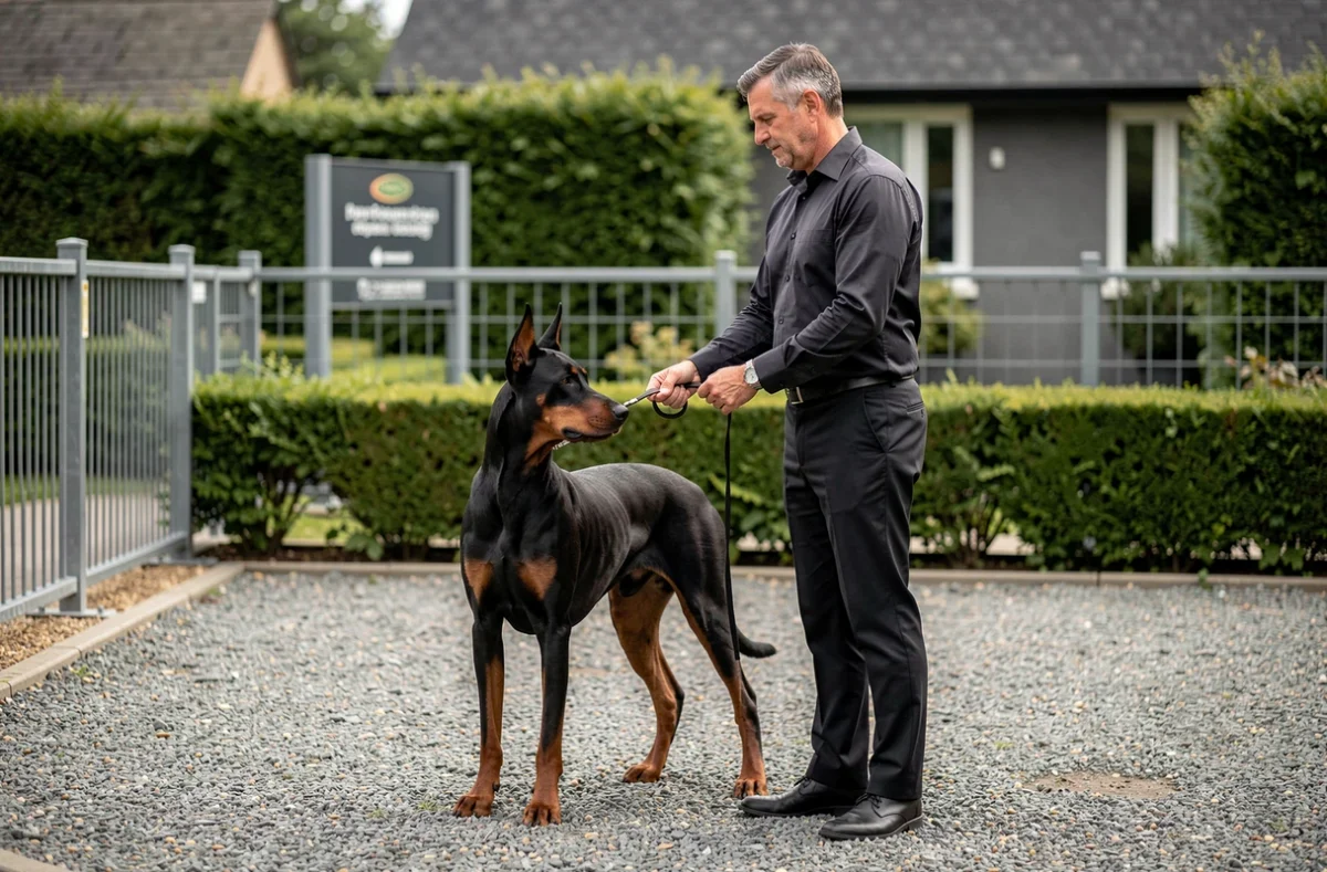 Dresseur expert d'Elitedog présentant un Doberman en posture formelle dans un espace professionnel de dressage canin