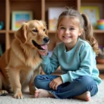Fille souriante caressant un golden retriever dans un salon chaleureux