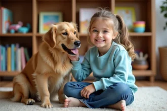 Fille souriante caressant un golden retriever dans un salon chaleureux