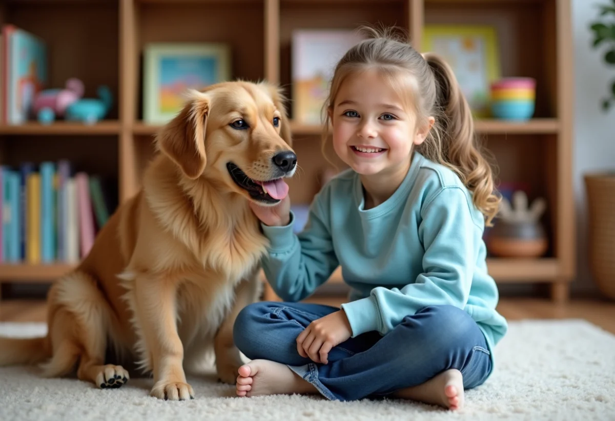 Fille souriante caressant un golden retriever dans un salon chaleureux