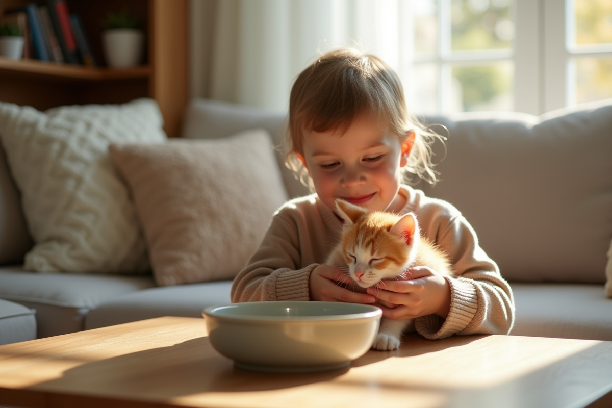Enfant souriant avec chaton orange près d