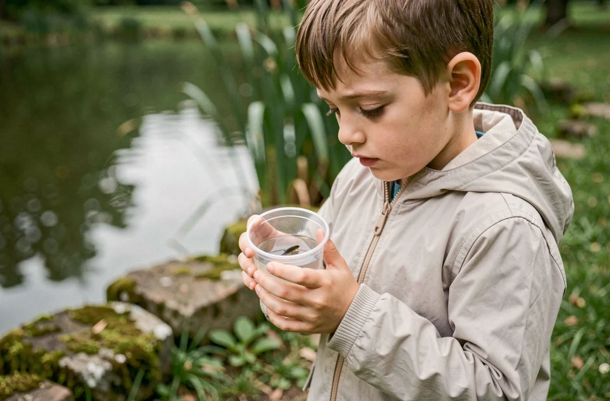 Jeune garçon tenant une tasse transparente avec un têtard au bord d'un étang, découverte de la nature en plein air