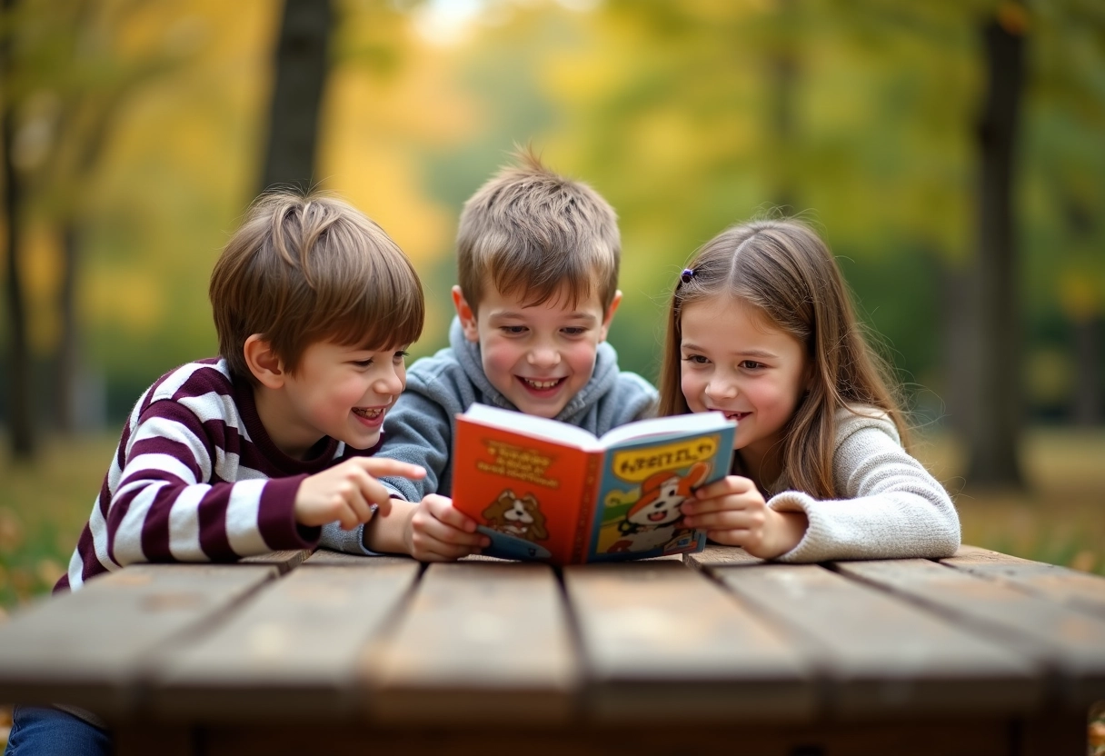 Trois enfants regardant un quiz sur un chien dans un parc en automne