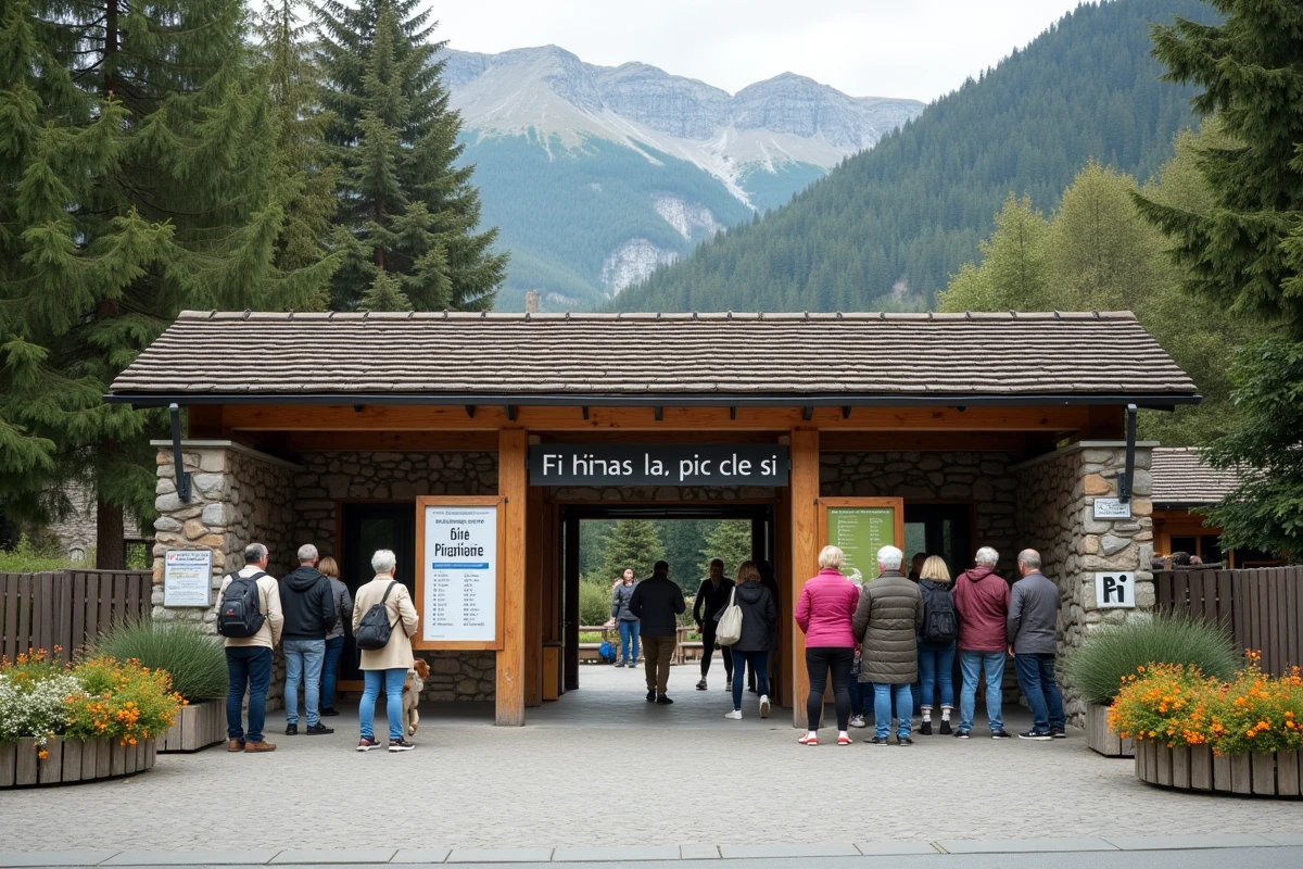 Entrée du zoo d'Annecy avec panneau des horaires et tarifs et file d'attente de visiteurs