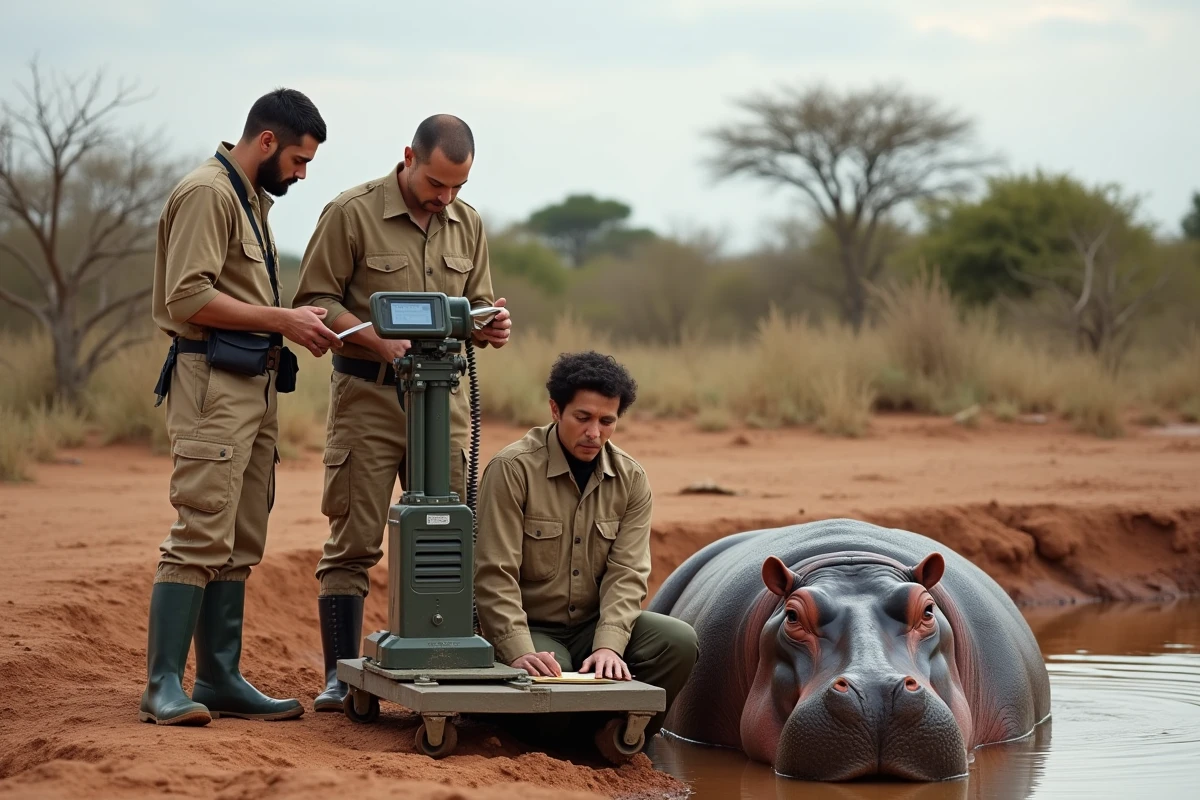Équipe de biologistes utilisant une balance de terrain pour peser un hippopotame dans un point d'eau en savane africaine