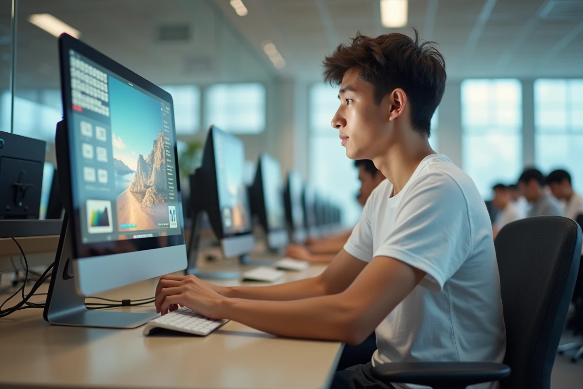 Étudiant concentré sur un exercice Pix de traitement d'image avec scène de plage en pixel art sur un poste informatique universitaire