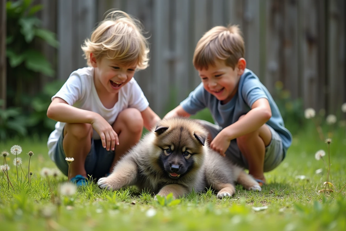 Chiot Eurasier jouant dans le jardin avec deux jeunes garçons lors d'une journée en famille