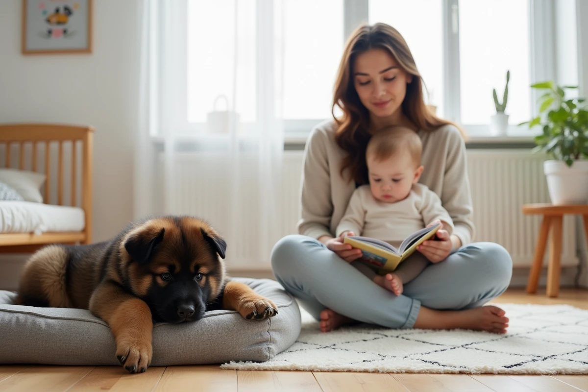 Chiot Eurasier couché près d'une mère lisant un livre à son bébé dans une chambre d'enfant nordique