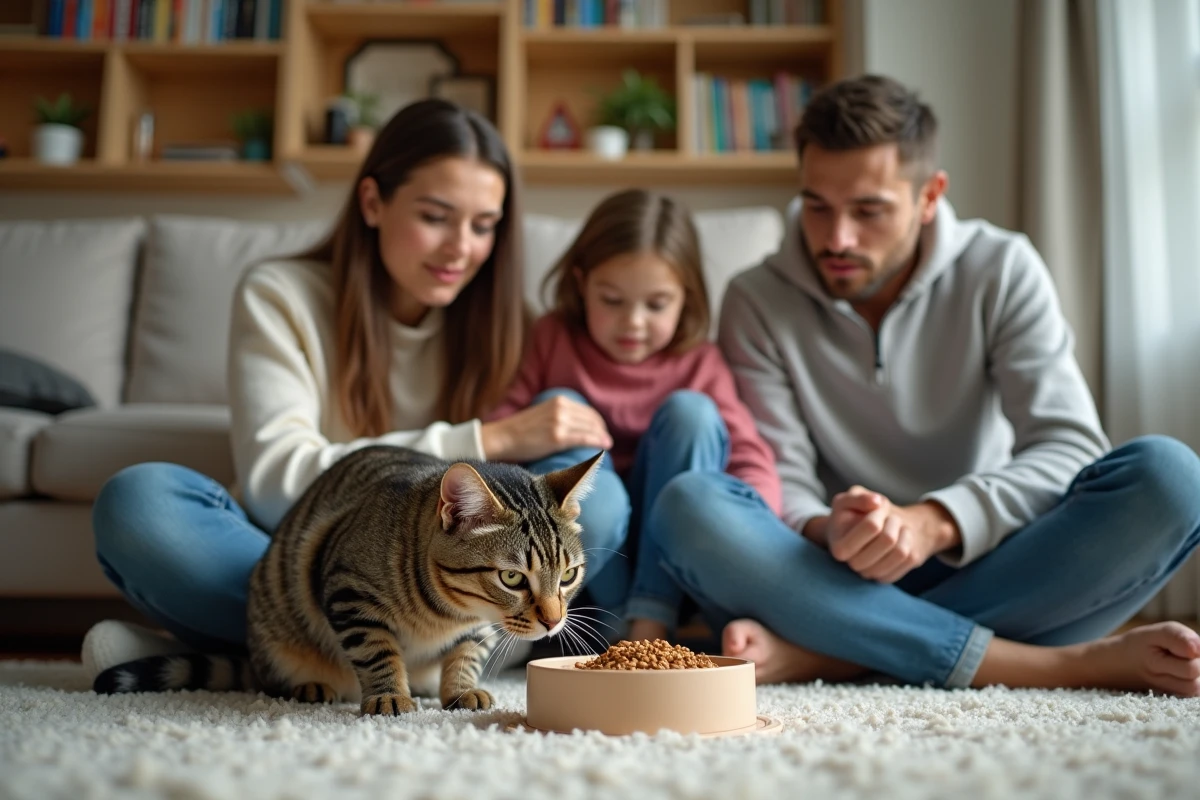 Famille observant leur chat jouer avec un puzzle alimentaire