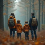 Famille écoutant le brame du cerf en lisière de forêt automnale au crépuscule