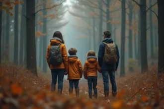 Famille écoutant le brame du cerf en lisière de forêt automnale au crépuscule