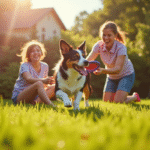 Famille heureuse jouant avec un border collie dans le jardin