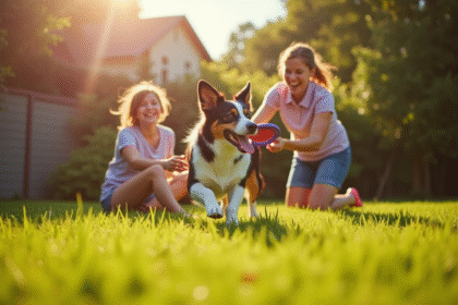 Famille heureuse jouant avec un border collie dans le jardin