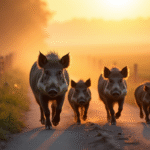 Famille de sangliers traversant une route rurale à l'aube