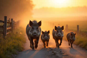 Famille de sangliers traversant une route rurale à l'aube