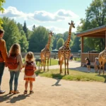 Famille visitant le zoo d'Annecy devant l'enclos des girafes avec panneaux d'information en français
